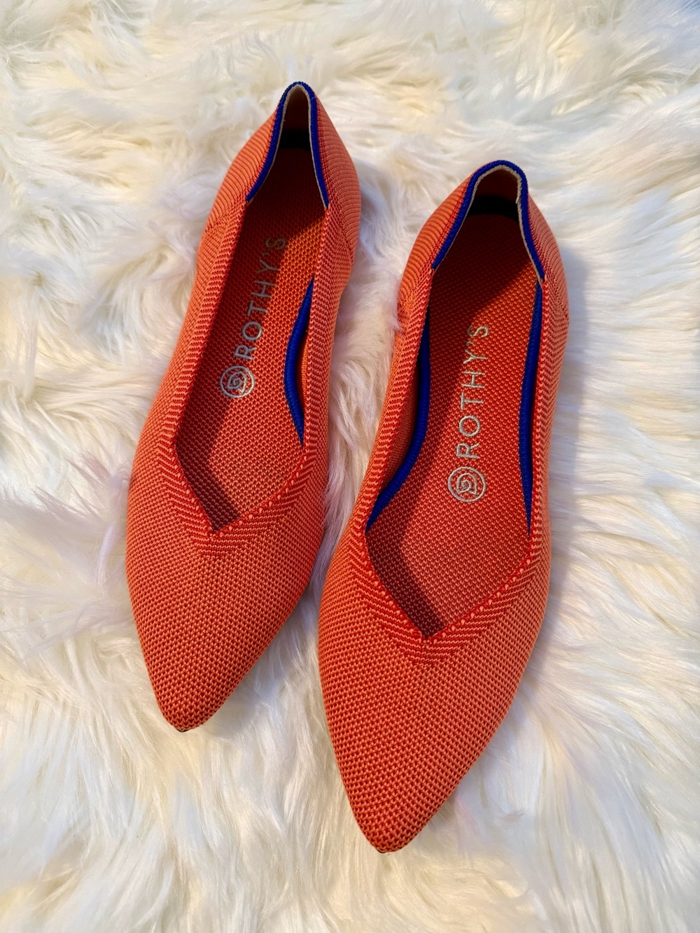 Rothy's Pointed Knit Flats in Bright Orange with Blue Trim Size 8